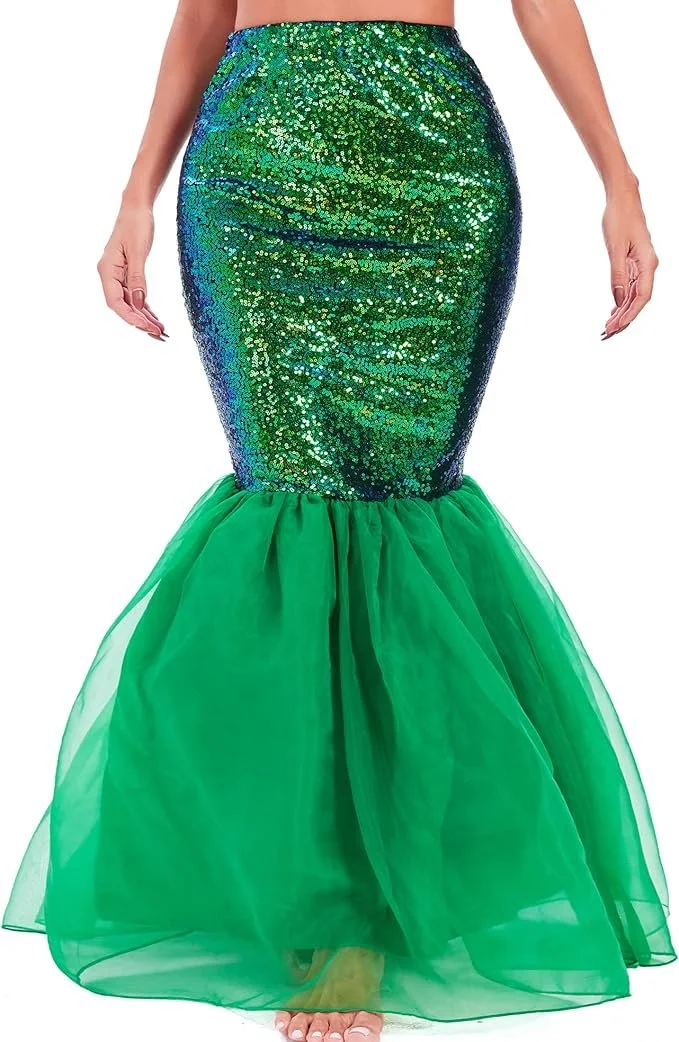 Amazon-purchased Ariel mermaid skirt with green sequined fabric and sheer tulle fin, designed for easy wear and quick onstage changes between mermaid and human looks.