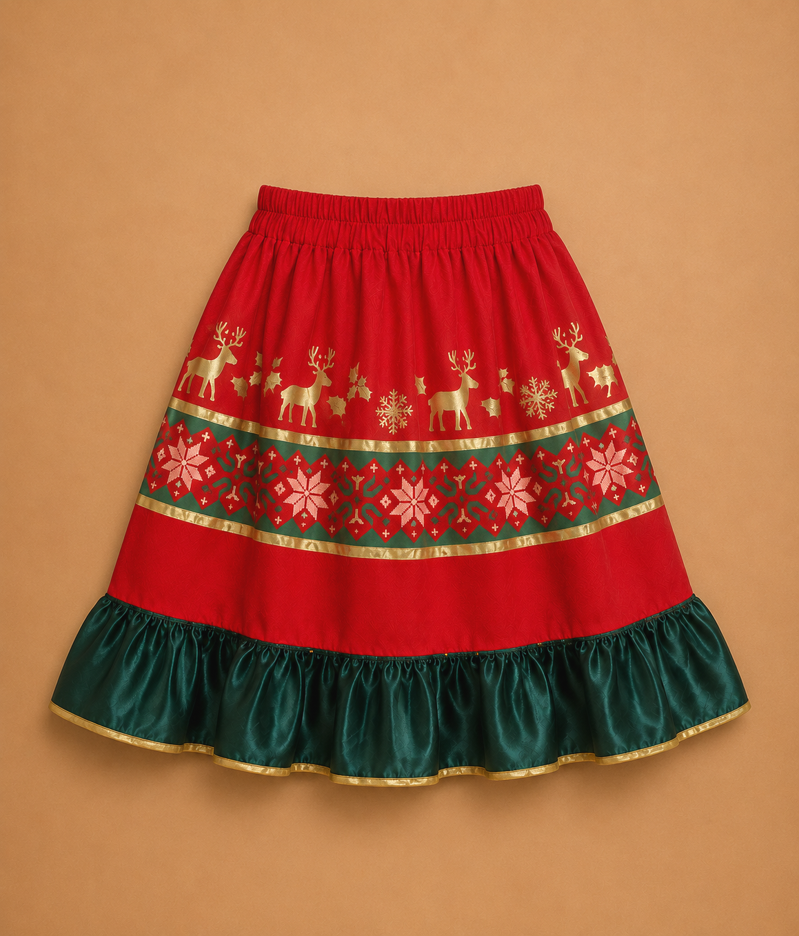 Red Christmas circle skirt with gold reindeer snowflake and holly Nordic pattern, green satin ruffle hem — Elf Jr. the Musical workshop elf ensemble costume bottom piece