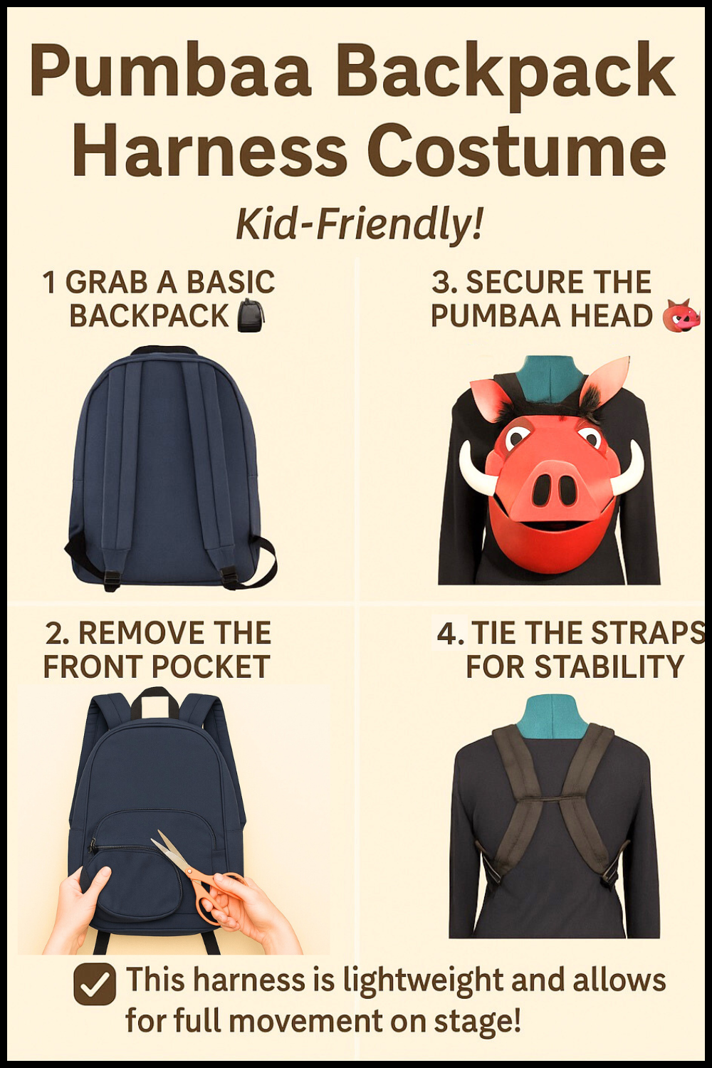 Instructions for turning a backpack into a kid-friendly Pumbaa backpack costume, including steps to grab a backpack, remove the front pocket, secure a Pumbaa head, and tie straps for stability.