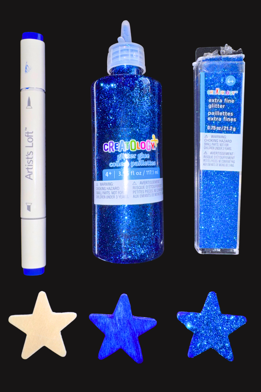 Blue marker, glitter glue, loose glitter, and a wooden star were used to create the decorative star accent.