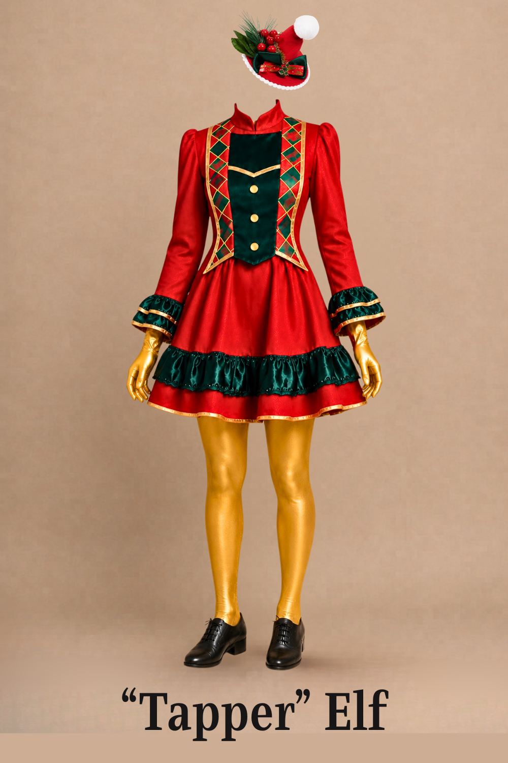 A costume called 'Tapper' Elf, including a red dress with green and gold accents, gold gloves, black shoes, and a festive elf hat decorated with holly, berries, and a white pom-pom. Elf the Musical costume
