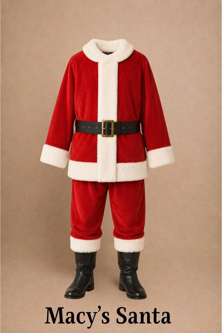 Macy's Santa costume for Elf the Musical JR featuring a red velvet coat and pants, white faux fur trim, wide black belt, and black boots.
