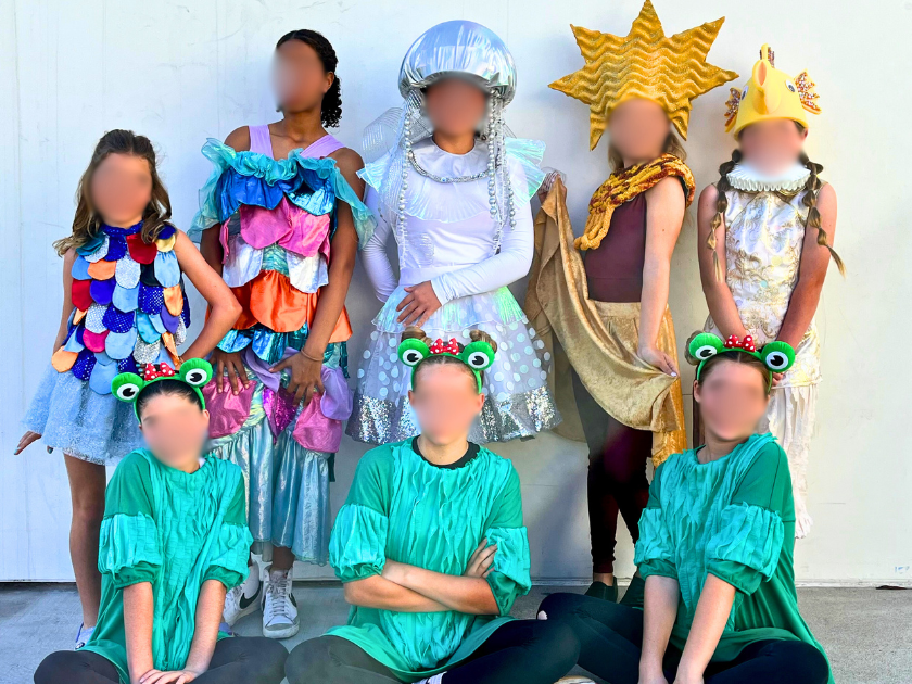 Youth theater ensemble costumes for The Little Mermaid JR, featuring sewn rainbow fish, jellyfish, starfish, seahorse, and frog characters, paired with Amazon-purchased headpieces to create cohesive, budget-friendly underwater looks.