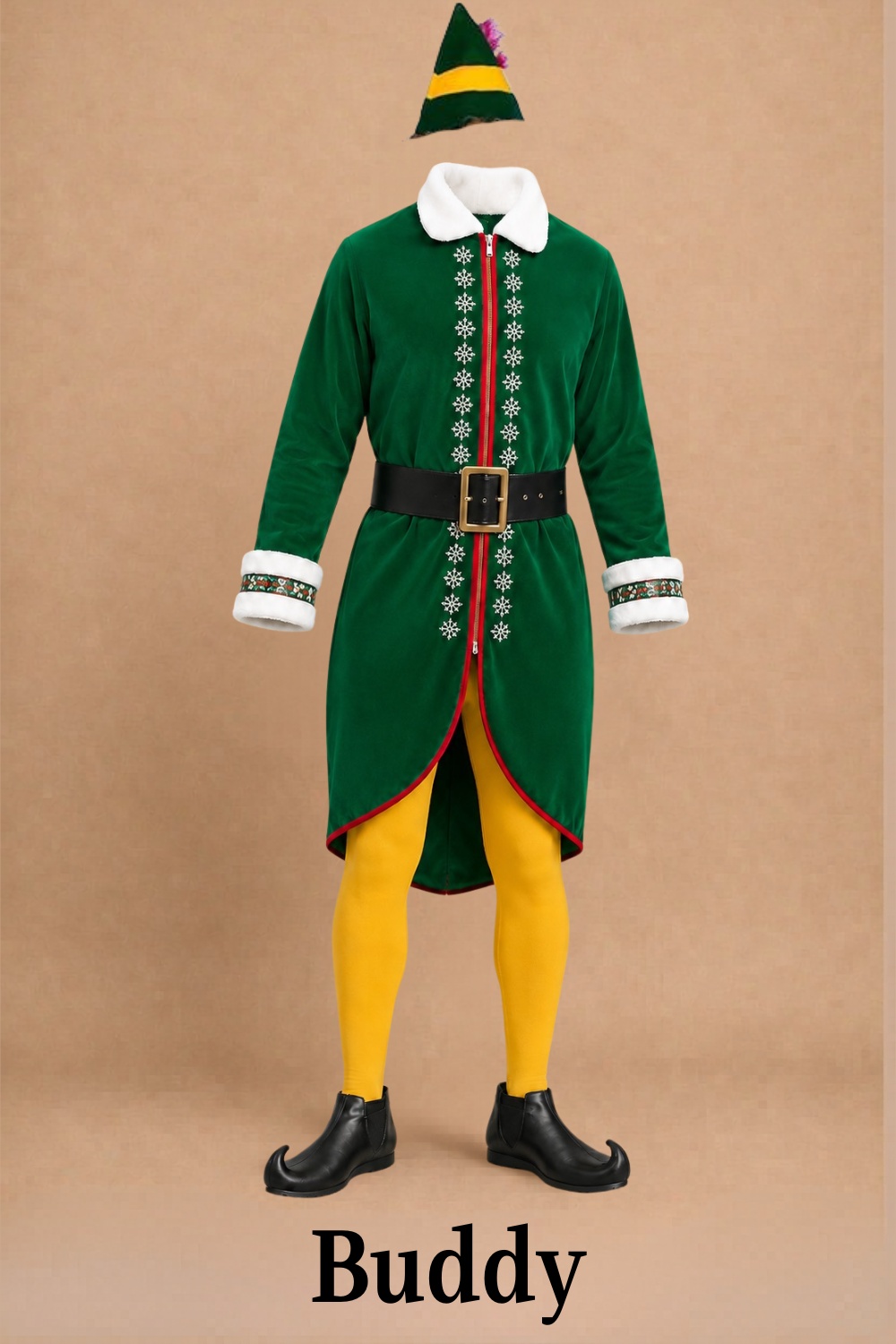 Buddy costume for Elf Jr. the Musical — green elf coat with white trim and snowflake details, yellow tights, black curled-toe elf shoes and green elf hat. Principal character costume for school theater production