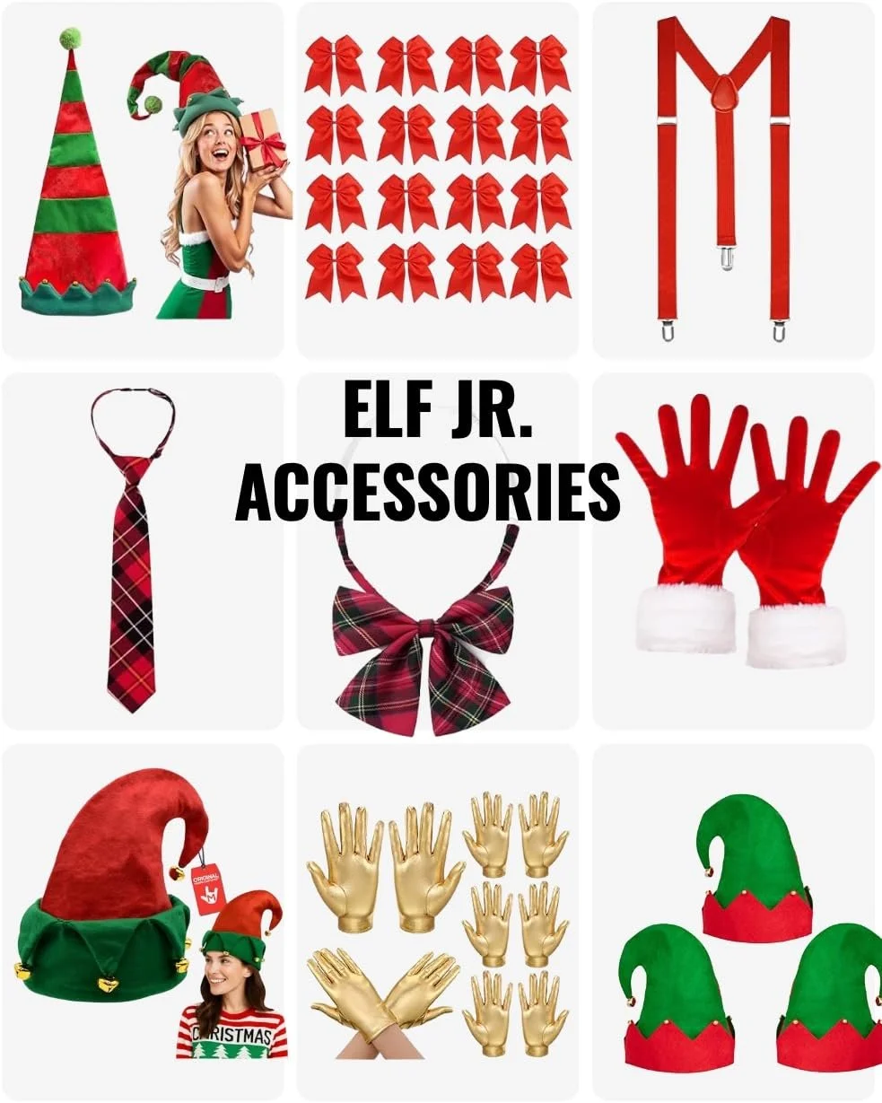 Elf Jr. the Musical costume accessories — striped elf hats with jingle bells, plaid bow ties and neckties for Macy's staff, red suspenders for Head Elf, red Santa gloves with white fur trim, and gold gloves for Macy's Tap Dancers. Complete accessory