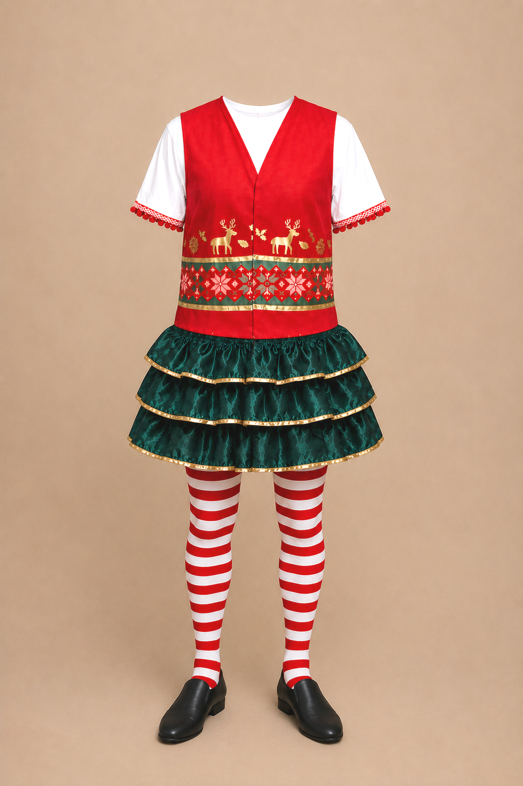 Workshop elf ensemble for Elf Jr. the Musical — red Nordic vest over green tiered ruffle dress, red and white striped tights and black shoes. Mix and match school theater production