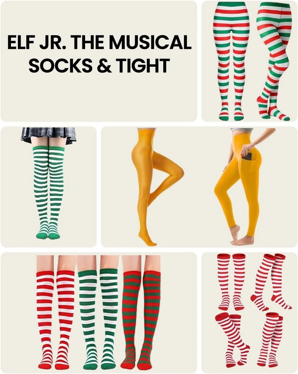 Elf Jr. the Musical costume socks and tights guide — red and white striped knee-highs, green and white striped tights, yellow tights for Buddy and gold metallic tights for Macy's tap dancer. Complete leg costume guide for school theater production