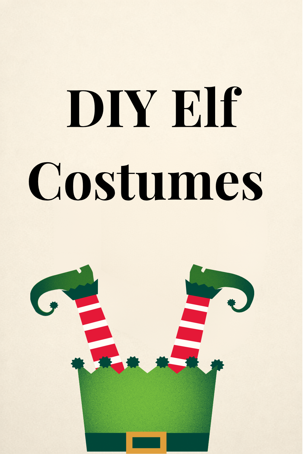 Thumbnail graphic reading "DIY Elf Costumes," illustrated with a green elf hat and red and white striped socks. Links to sewing and no-sew tutorials for building elf ensemble costumes for an Elf Jr. the Musical school theater production.