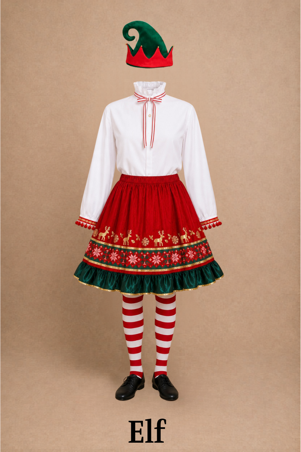 Elf Jr. the Musical workshop elf costume — red and white striped stockings, green and red elf hat. Classic storybook elf look for school theater production.