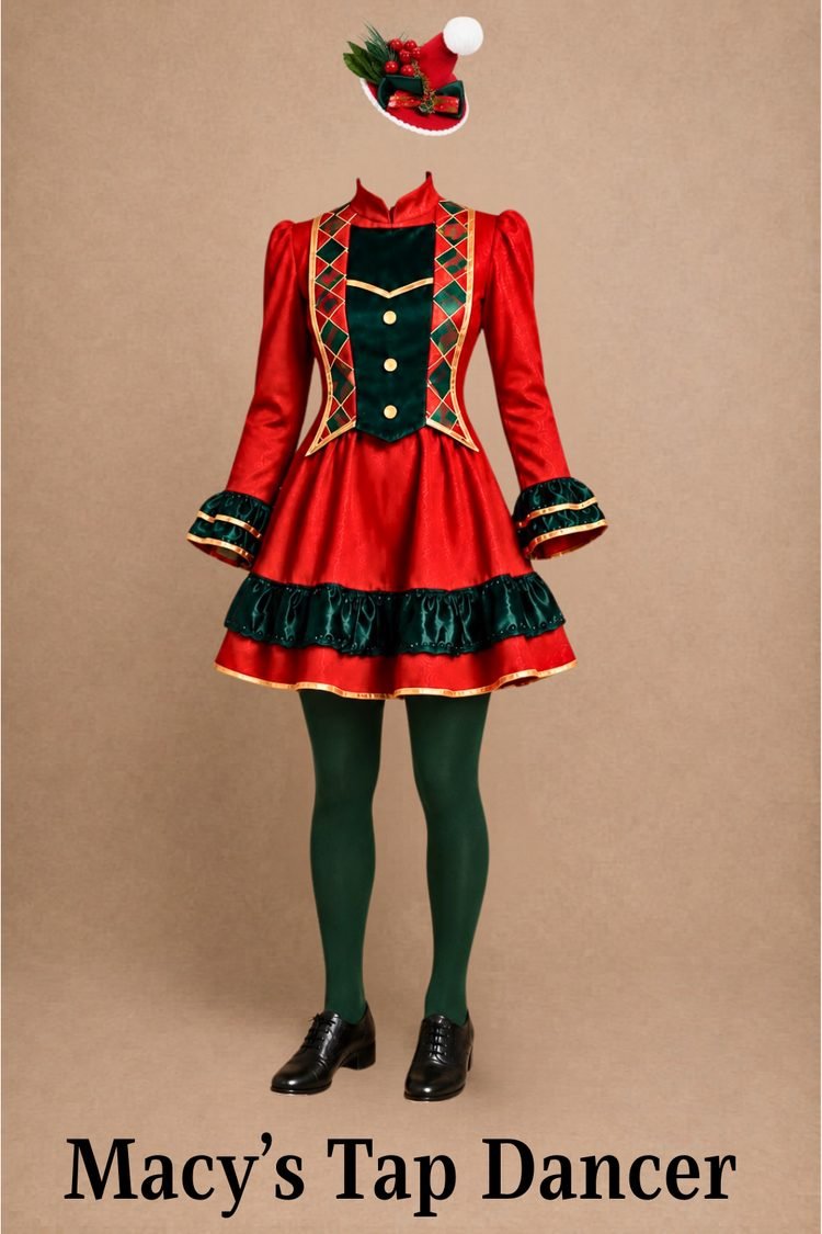 Macy's tap dancer costume for Elf the Musical JR featuring a red and green holiday outfit with gold trim, green tights, black tap shoes, and festive Santa hat.