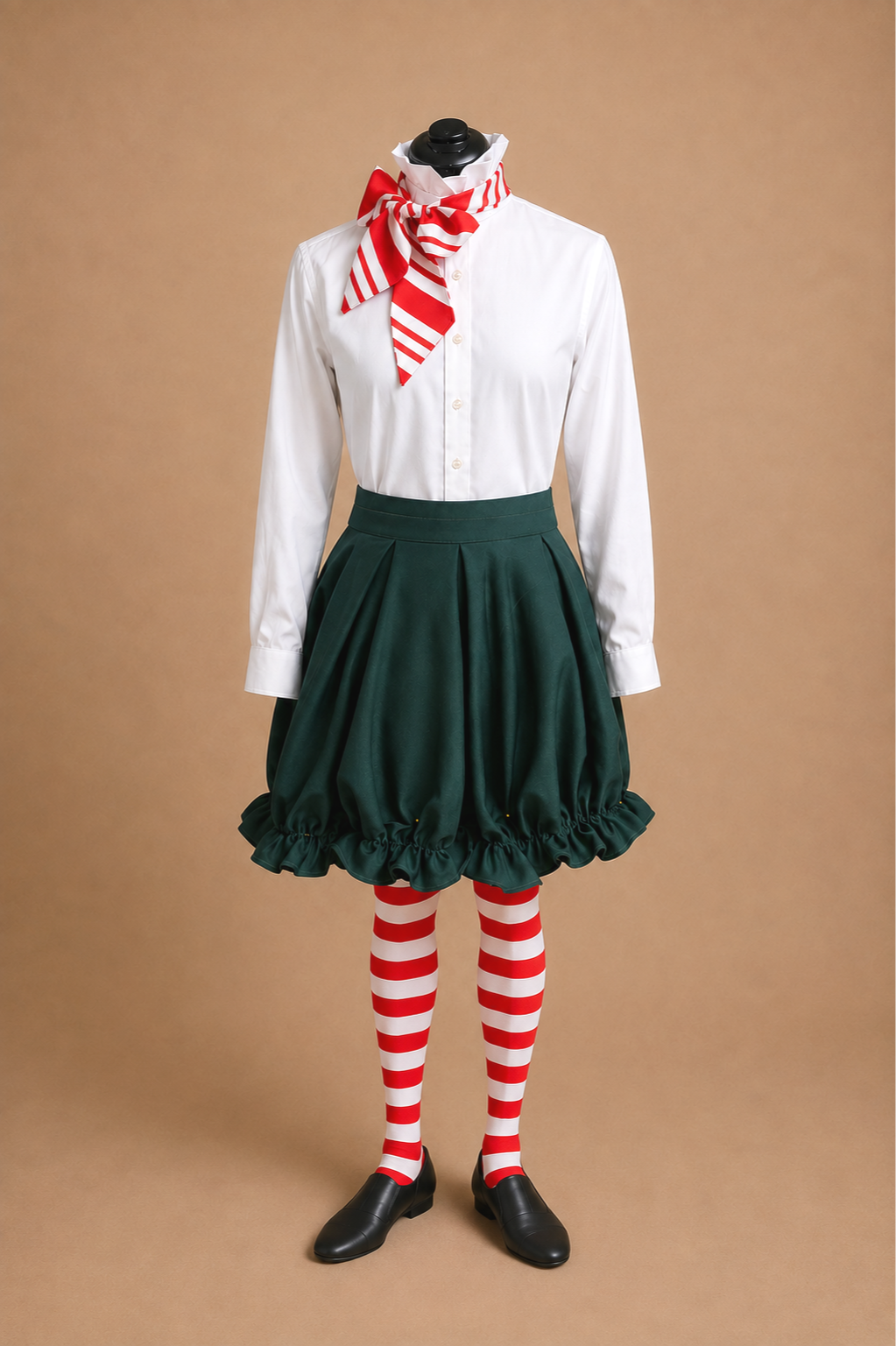 Workshop elf ensemble for Elf Jr. the Musical — white blouse with candy stripe scarf, green puffy skirt, red and white striped tights and black shoes. Mix and match school theater production