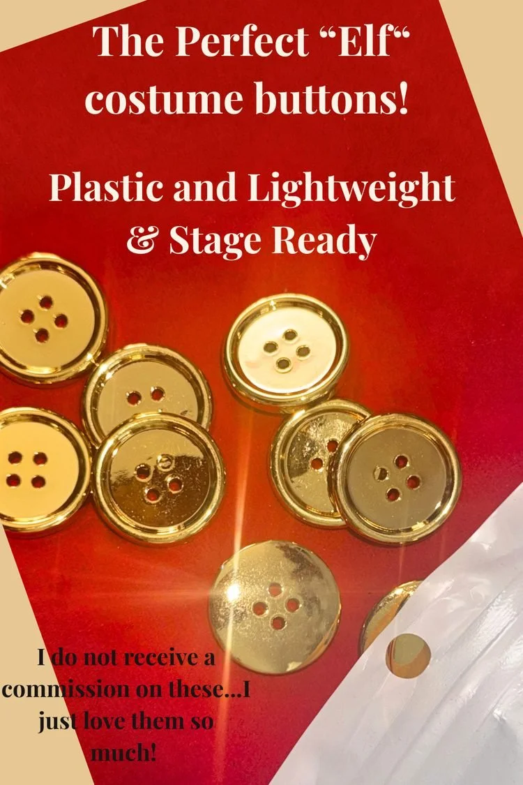 Assortment of decorative gold buttons for DIY Elf the Musical JR costumes, featuring festive designs suitable for embellishing elf tunics, coats, and holiday costumes.
