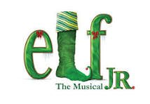 Logo for 'Elf Jr. The Musical' with stylized green letters and a small red ornament, featuring the text 'The Musical JR.' underneath.