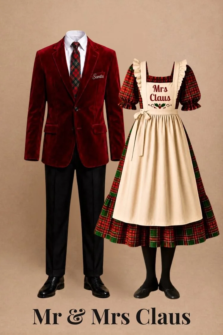 Mr. and Mrs. Claus costumes for Elf the Musical JR featuring Santa in a red velvet blazer, plaid tie, and black pants alongside Mrs. Claus in a plaid dress and apron.