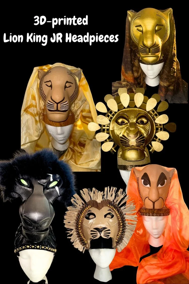 6. Lion King JR – 3D Printed Headpieces: Collection of six custom 3D-printed Lion King JR animal headpieces displayed on mannequin heads, featuring different characters and designs for school theater.