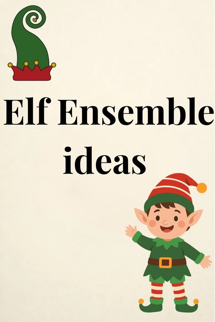 Elf the Musical JR ensemble costume inspiration graphic featuring a cartoon Christmas elf in a green outfit with a red and white striped hat.