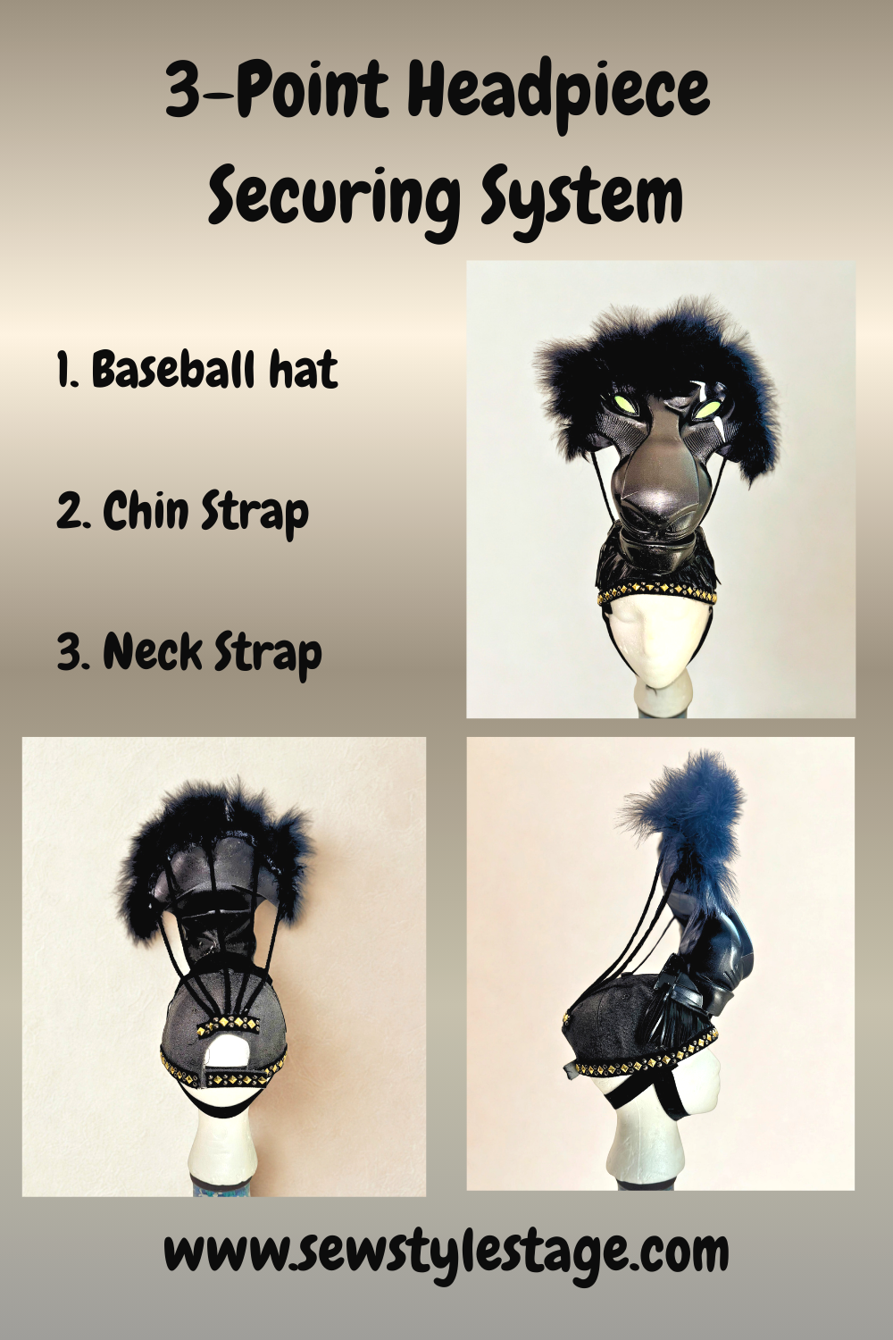 Display of a 3-point headpiece securing system, featuring a baseball hat, chin strap, and neck strap, with photographs of the headpiece from front, back, and side views.