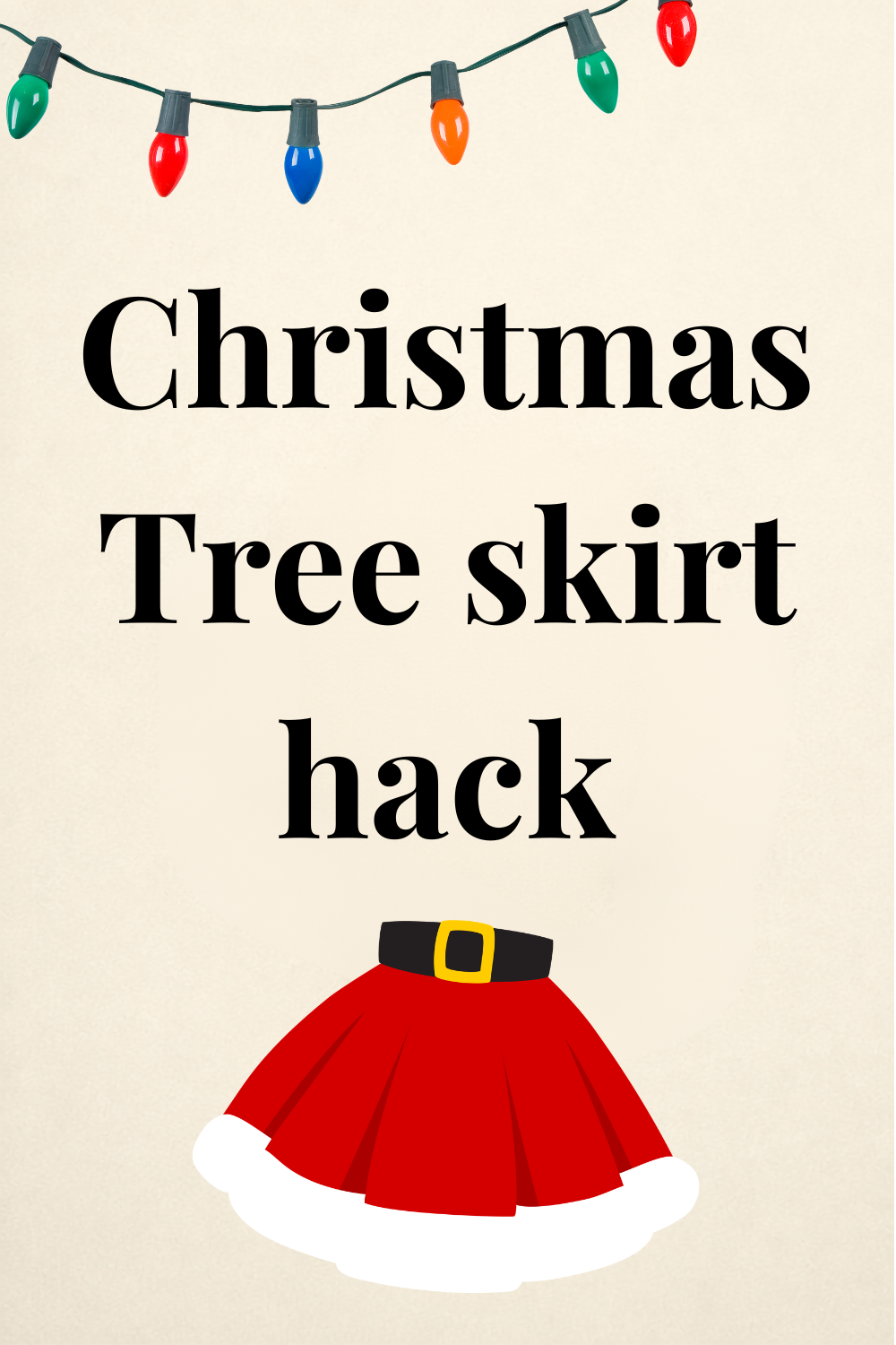 Thumbnail for a DIY Elf Jr. the Musical costume tutorial: a stylized red Christmas tree skirt with a black belt and gold buckle, shown beside colored string lights. Links to a full guide for turning a tree skirt into a stage-ready elf costume.