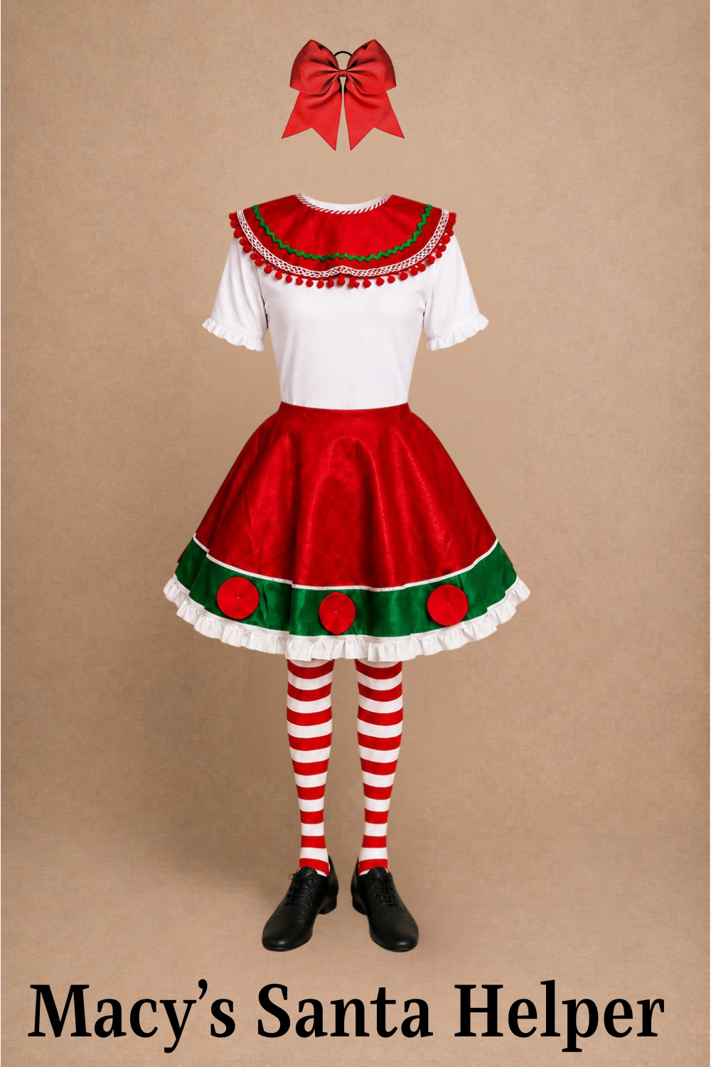 Macy's Santa's helper costume for Elf Jr. the Musical — red and green dress with circular decorations, red and white striped tights, black shoes, and large red bow headband. School theater production costume.