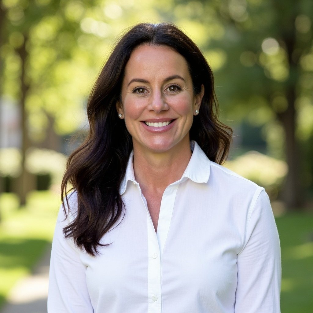 A woman with long dark hair smiling outdoors, wearing a white collared shirt with a background of blurred green trees and sunlight.
