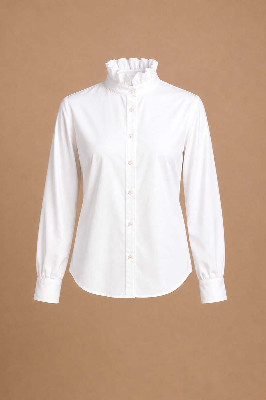 White long sleeve ruffle collar blouse — upcycled button-down top for Elf Jr. the Musical workshop elf ensemble costume. School theater costume base piece