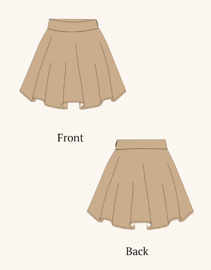 Sewing Pattern: Illustration of a beige skirt showing front and back views with pleats and waistband.