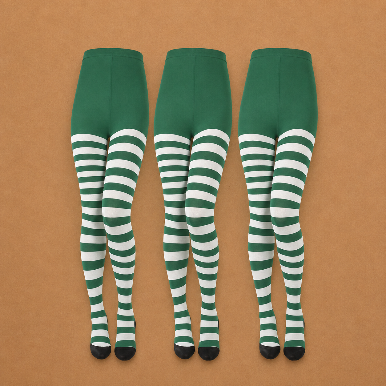 Green and white striped tights for Elf Jr. the Musical workshop elf knicker and pant ensemble costumes. Stage-ready striped tights for school theater large cast production