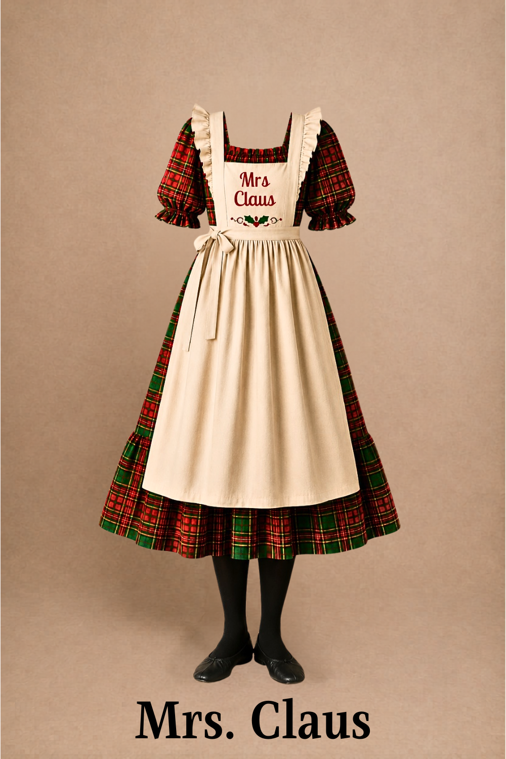 Mrs. Claus business attire costume for Elf Jr. the Musical — red and green plaid dress with white apron and black shoes. Old-World Santa's Workshop aesthetic for school theater production.