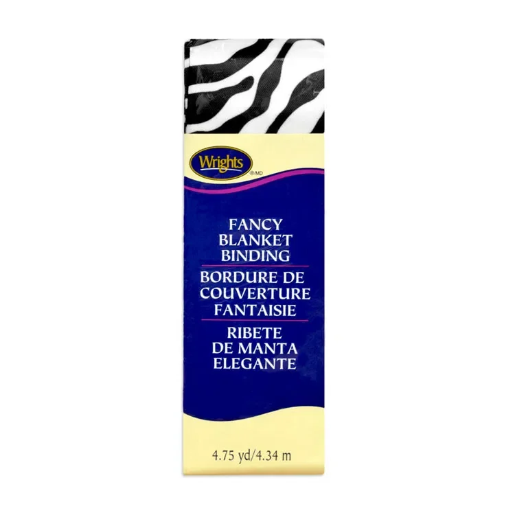 A package of Wrights fancy blanket binding with a zebra print fabric at the top.