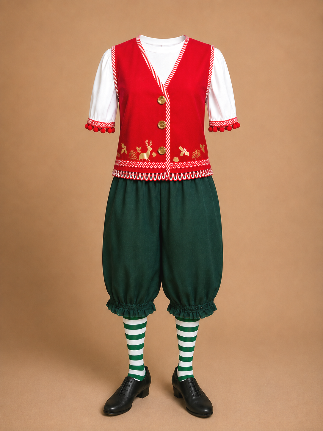 Workshop elf ensemble costume for Elf Jr. the Musical — red Nordic fair-isle vest with gold buttons, green knicker pants, green and white striped socks. Old-World Santa's Workshop aesthetic for school theater