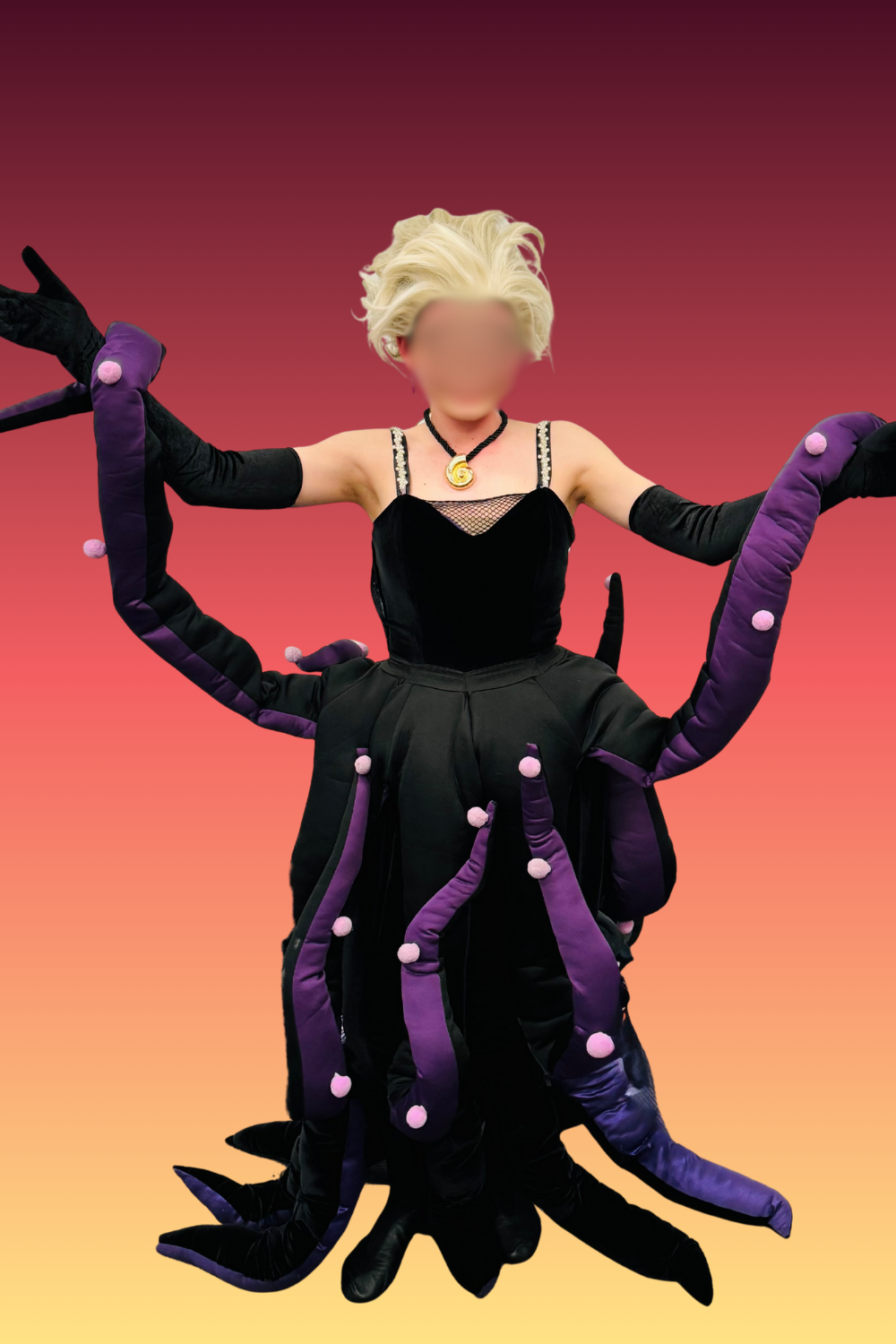 Volunteer-made Ursula costume for a youth theater production, created by upcycling a black dress and layering an Amazon octopus skirt costume with padded purple tentacles, paired with long gloves and a short white wig for a bold, stage-readable.