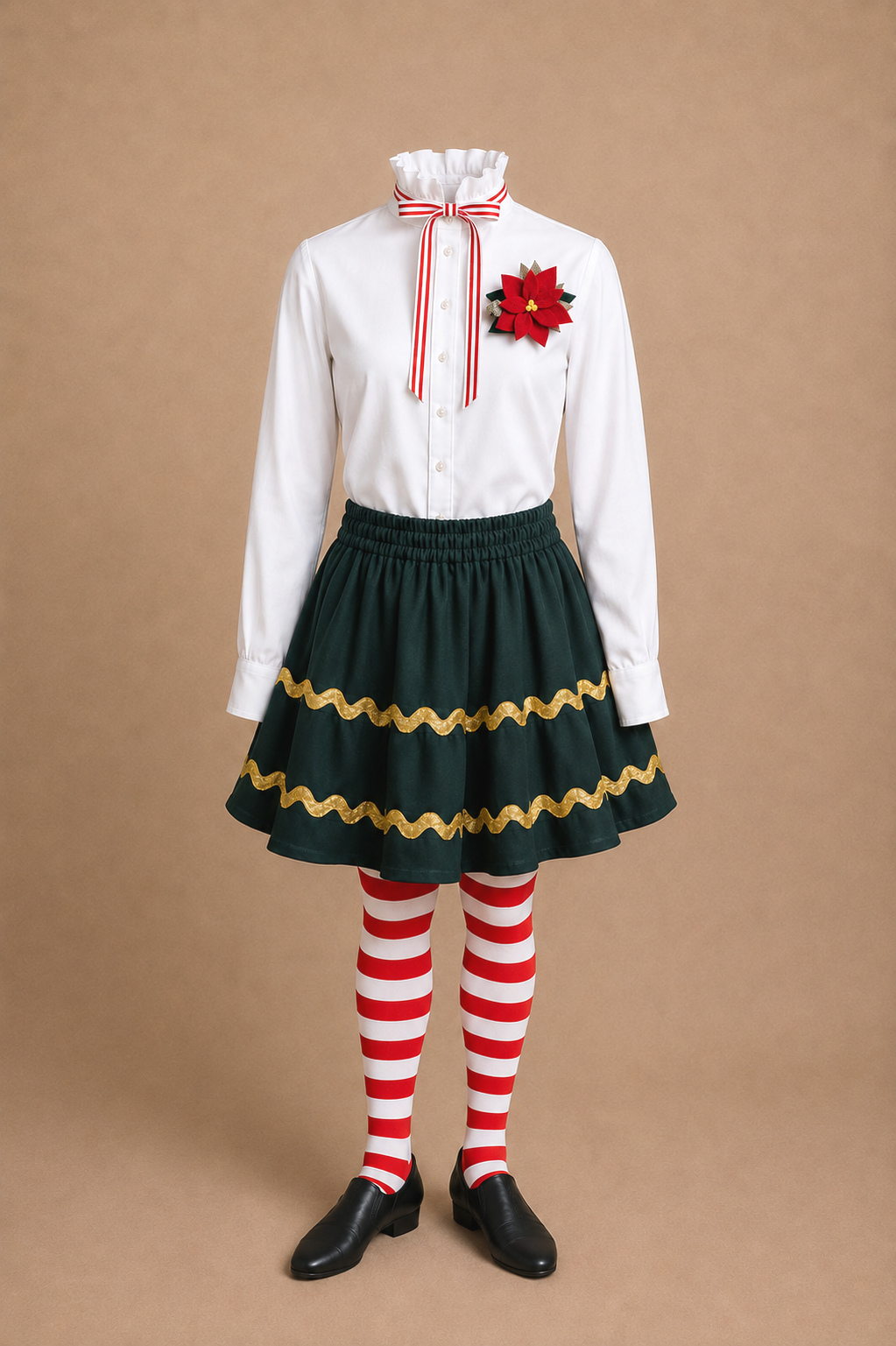 Workshop elf ensemble for Elf Jr. the Musical — white ruffle collar blouse with poinsettia brooch, dark green skirt with gold trim, red and white striped tights and black shoes