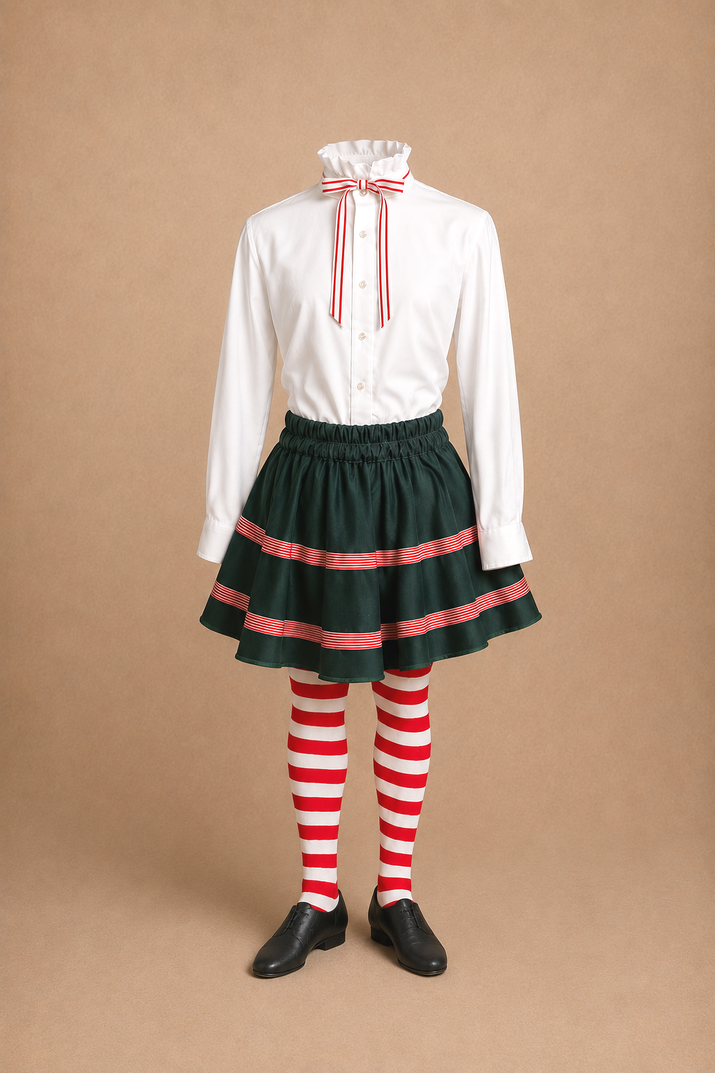 Workshop elf ensemble costume for Elf Jr. the Musical — white blouse with red striped ribbon tie, dark green circle skirt with red and white stripe detail, red and white striped tights and black shoes. Mix and match ensemble system for large casts