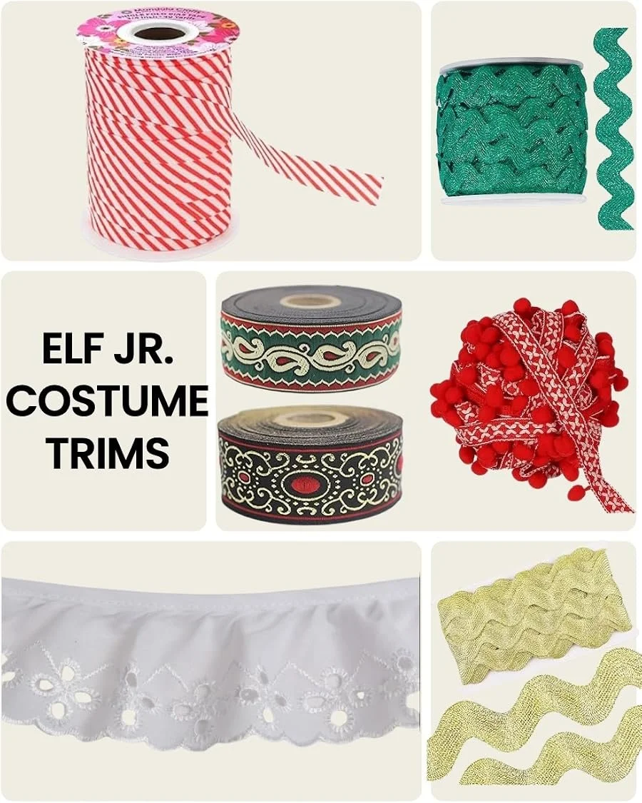 Elf Jr. the Musical costume trims guide — candy cane striped ribbon, green glitter ric-rac, red pom-pom trim, Christmas Jacquard ribbon, white eyelet trim for Jovie and gold ric-rac. Old-World Santa's Workshop finishing details for school theater