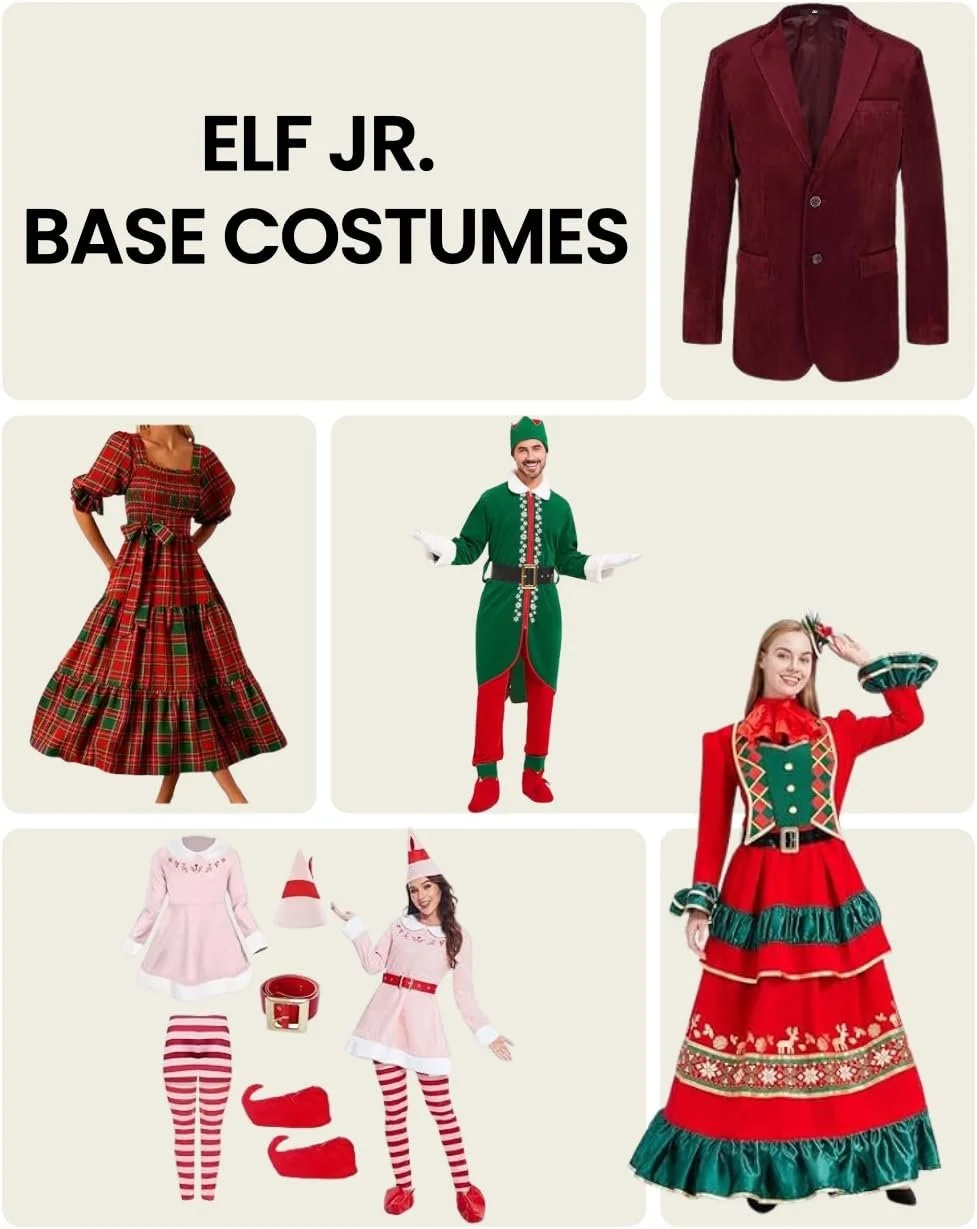 Elf Jr. the Musical base costumes — burgundy velvet blazer for Santa business attire, red and green plaid dress for Mrs. Claus, green Buddy elf costume, pink Jovie elf dress set, and holiday gown for featured elf. Budget-friendly starting points for