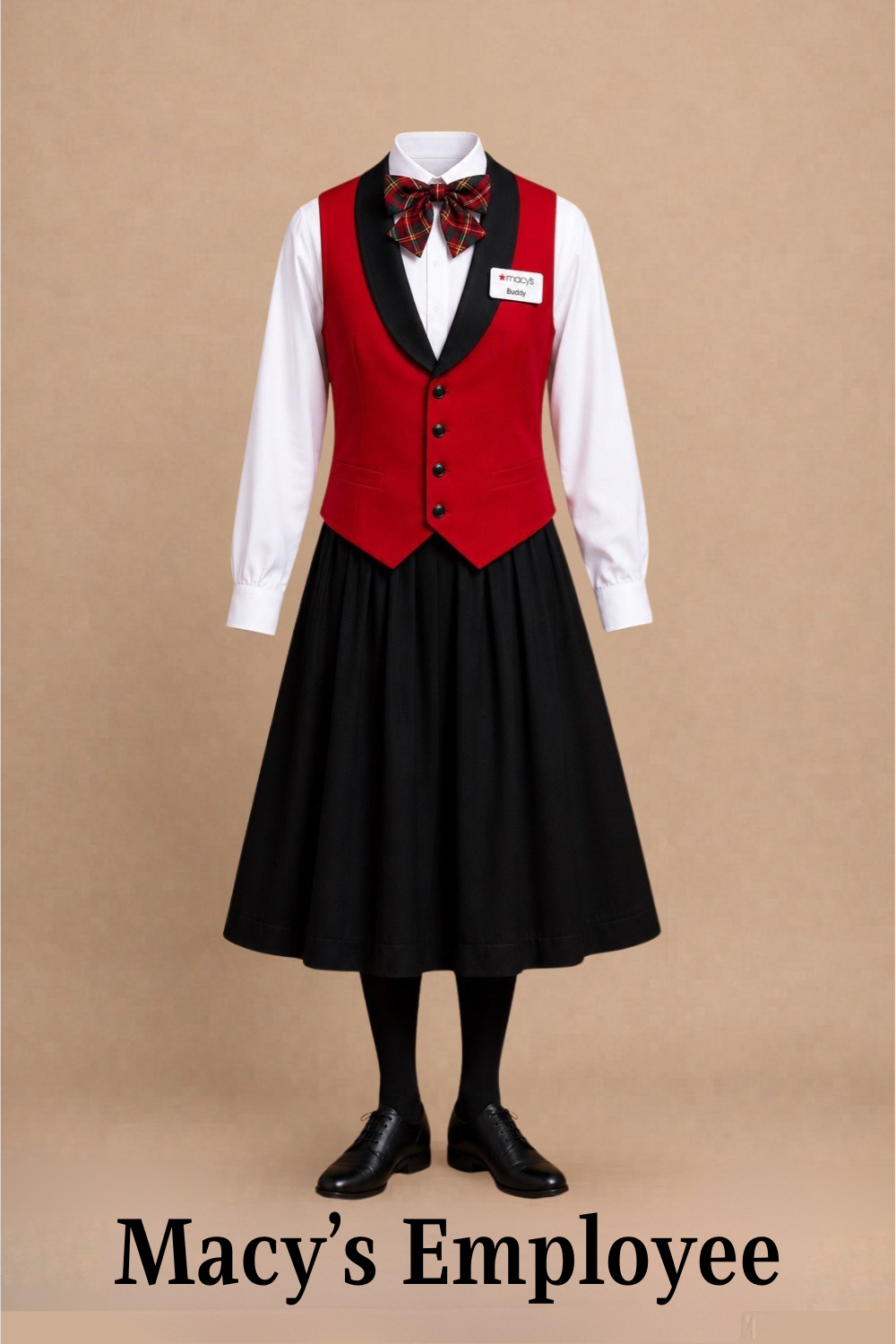 Macy's female employee costume for Elf Jr. the Musical — white shirt, red vest, black plaid bowtie, black skirt, black tights, and black shoes. Budget-friendly school theater costume.