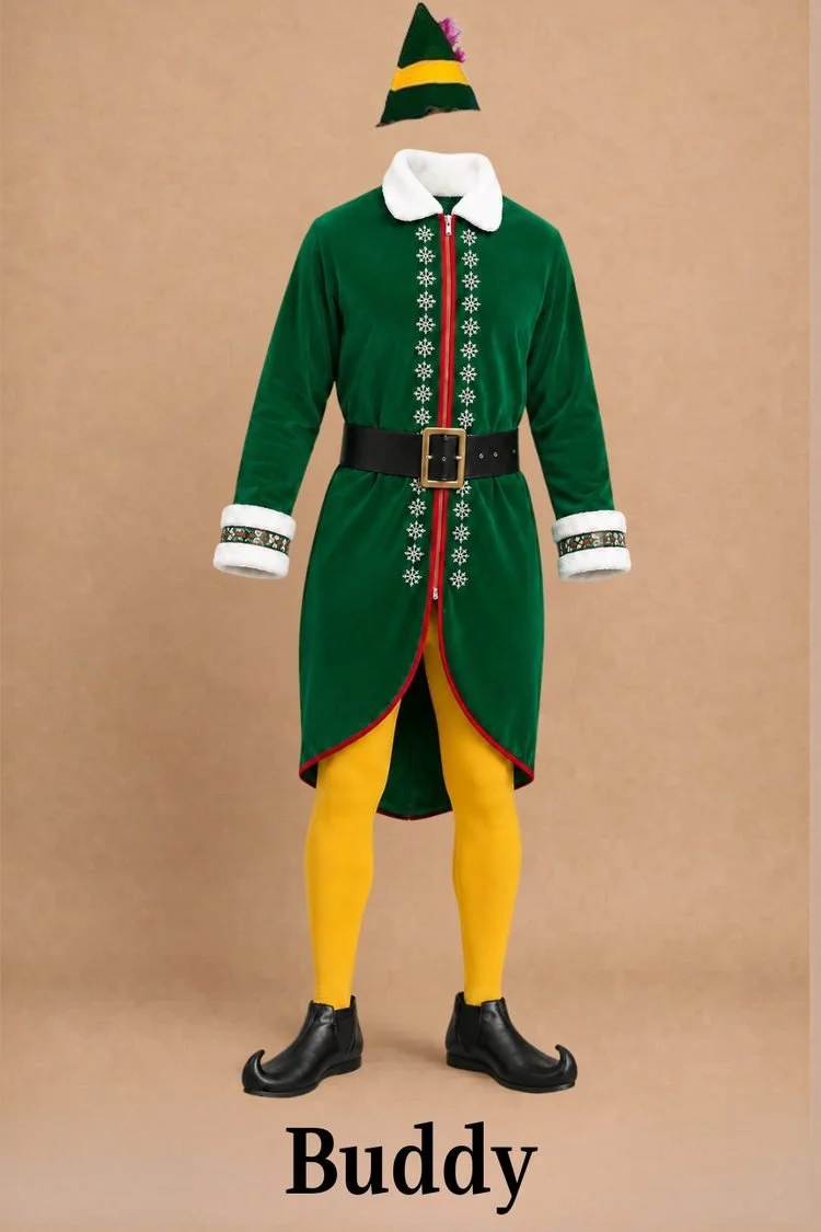 Buddy costume for Elf the Musical JR featuring a green coat with white snowflake details, yellow tights, black shoes, and a matching green elf hat.