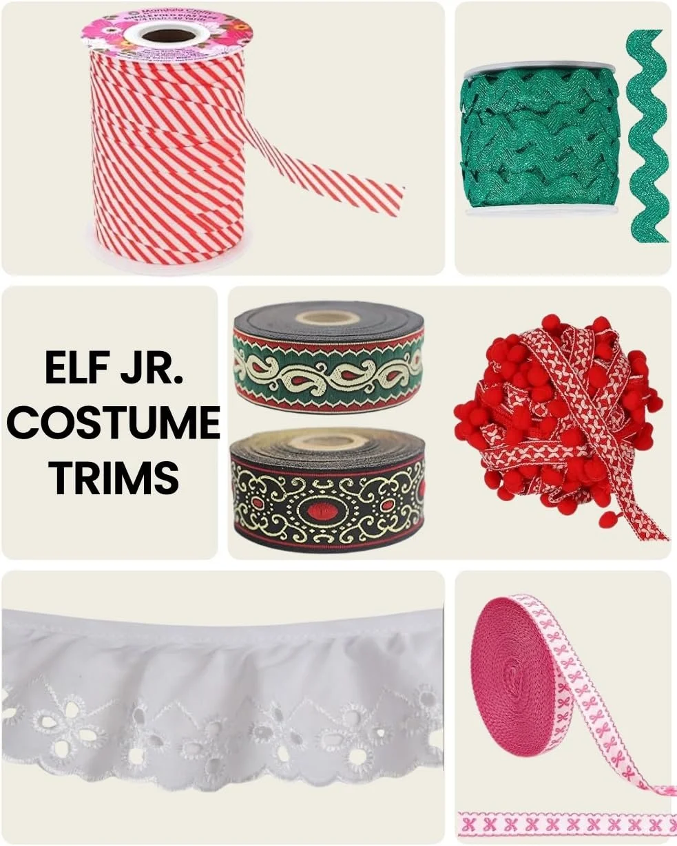 Elf Jr. the Musical costume trims — red and white striped ribbon, green glitter ric-rac, red pom-pom trim, Christmas Jacquard ribbon, white eyelet trim for Jovie, and pink bow ribbon. Old-World Santa's Workshop aesthetic trim guide for school theater