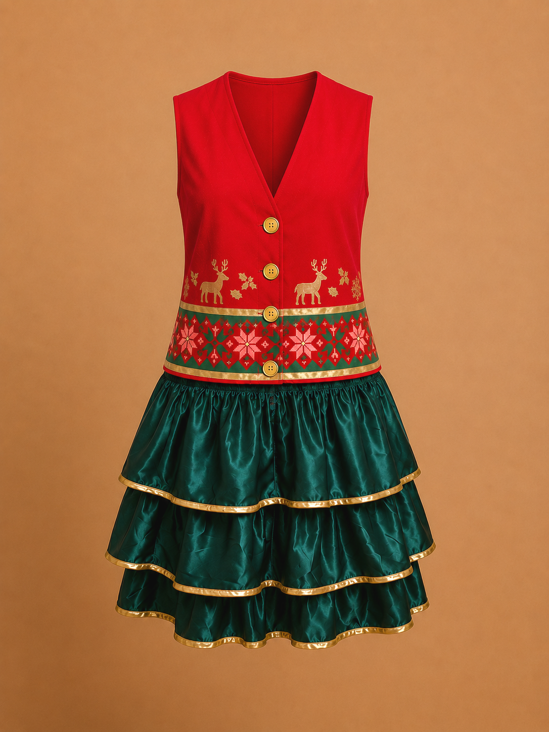 Red Nordic vest extended into dress with dark green layered satin skirt and gold trim — Elf Jr. the Musical elf ensemble. Vest pattern adapted for school theater production