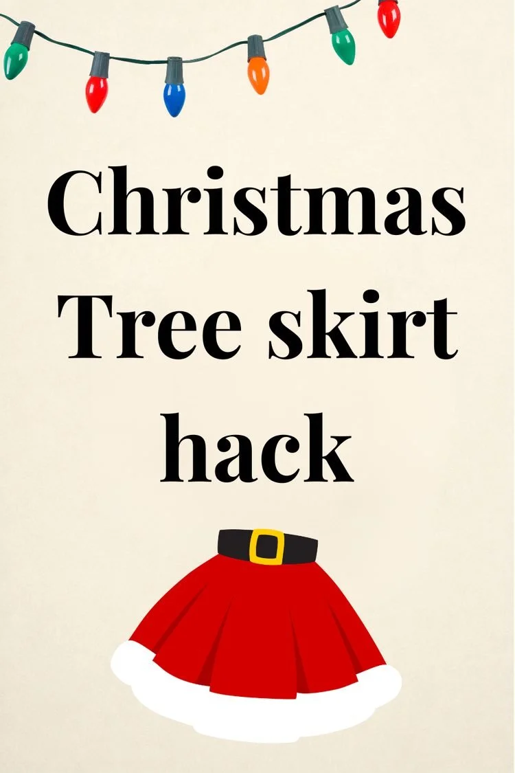 DIY Christmas tree skirt costume hack for Elf the Musical JR, showing how a Christmas tree skirt can be repurposed into an inexpensive holiday stage costume.