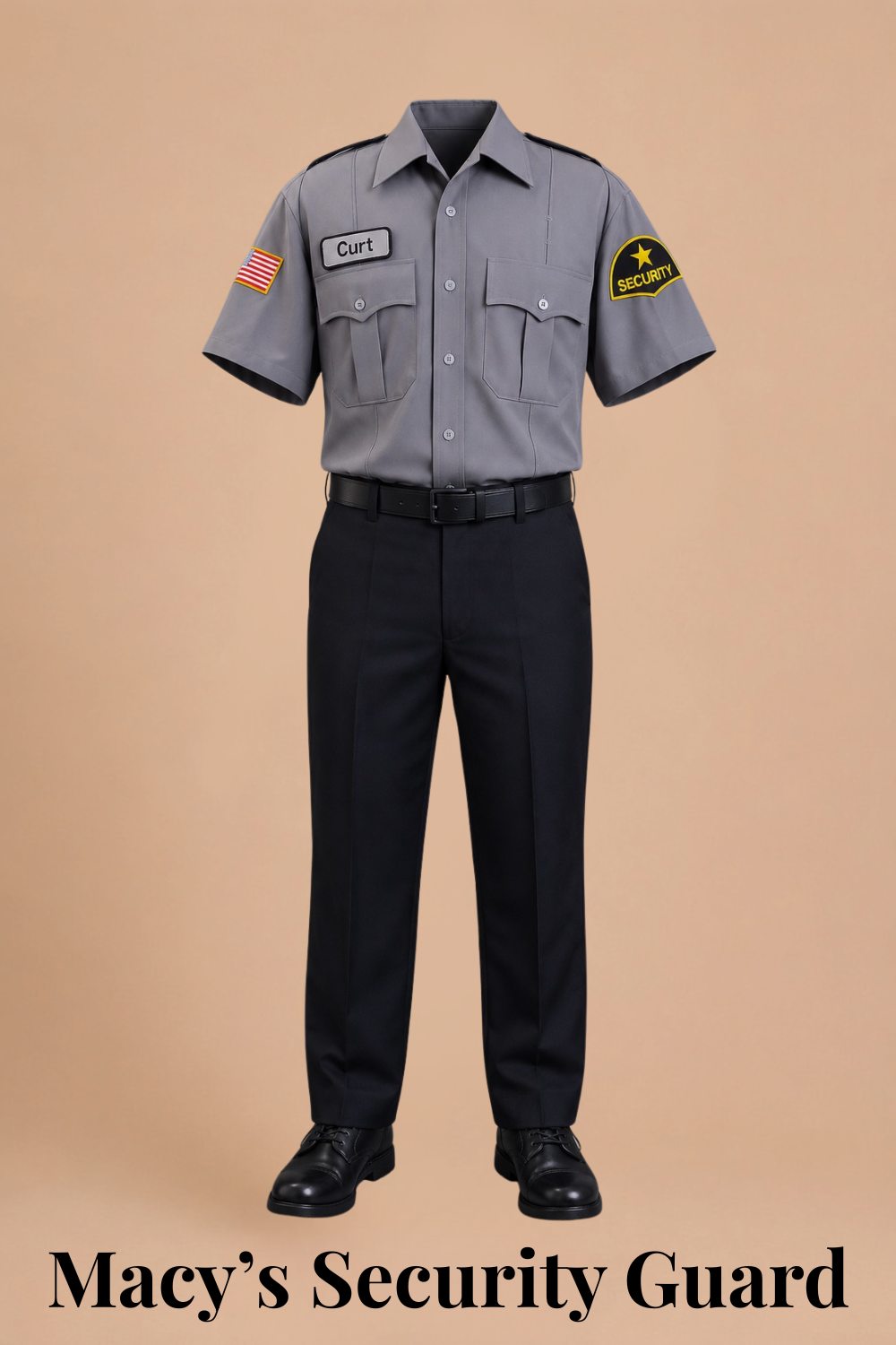 Macy's security guard costume for Elf Jr. the Musical — gray uniform shirt with sleeve patches, black pants, and black shoes displayed on mannequin. Budget-friendly school theater production costume.