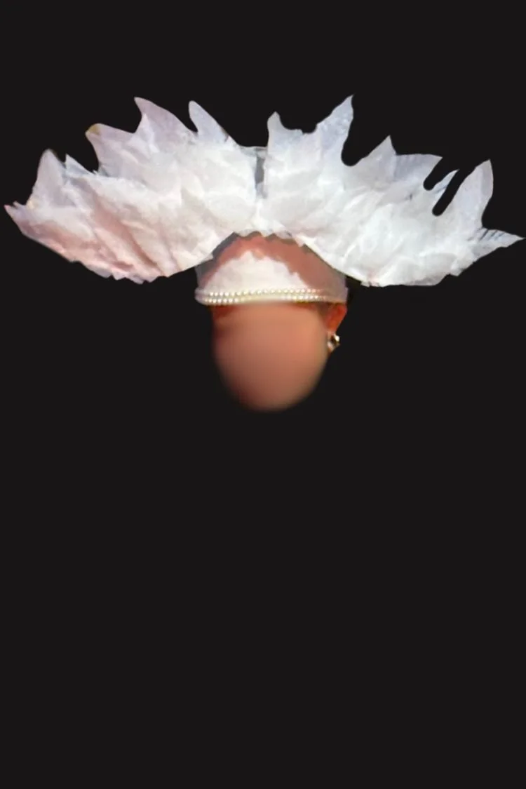 Lion King JR – White Bird Headpiece: Handmade white bird headpiece constructed using a tennis visor, EVA foam wings, and packing material feathers for The Lion King JR.