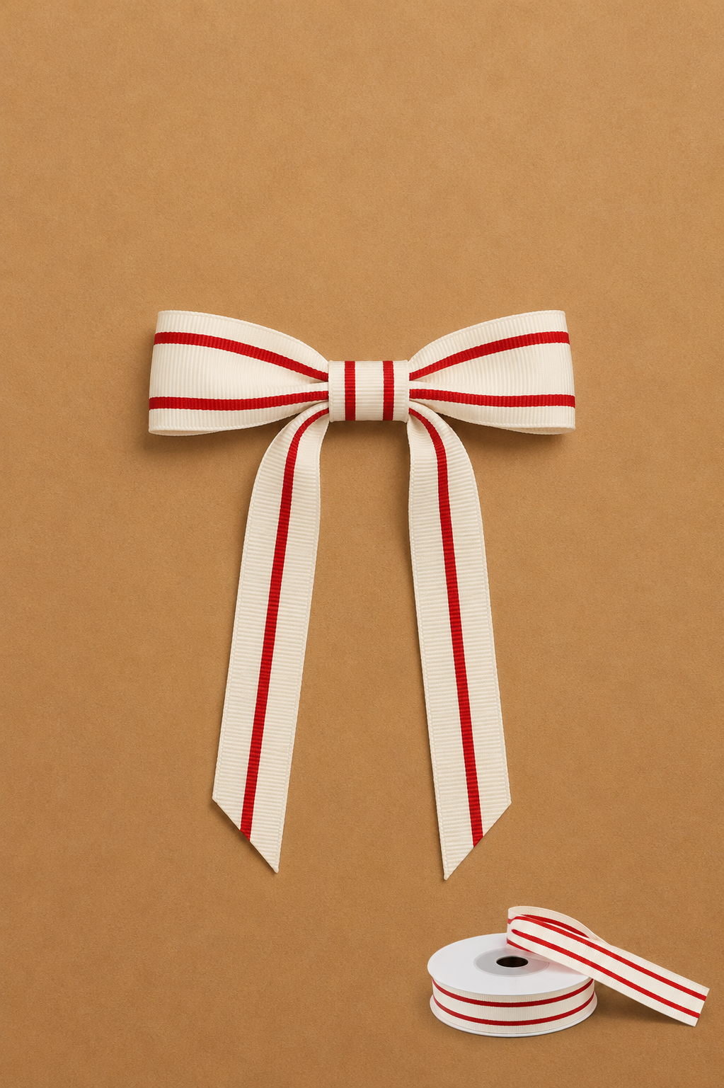 Red and white candy stripe ribbon made into bow tie — budget-friendly elf accessory for Elf Jr. the Musical workshop ensemble. Purchased at Michaels for school theater production