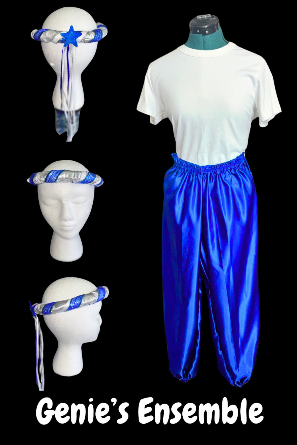 Genie assistants in the Cave of Wonders scene in Aladdin Jr wearing blue satin pants, white tops, and matching braided headbands during a school musical performance.