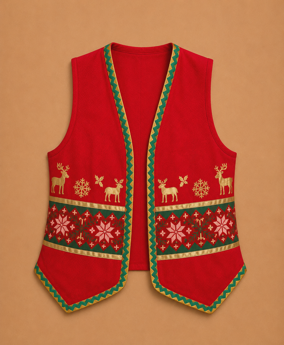 Red felt Elf Jr. the Musical costume vest embroidered with gold reindeer, snowflakes, and holly patterns, finished with green and gold trim along the edges. A handmade DIY layering piece that gives ensemble and background elf costumes a cohesive look