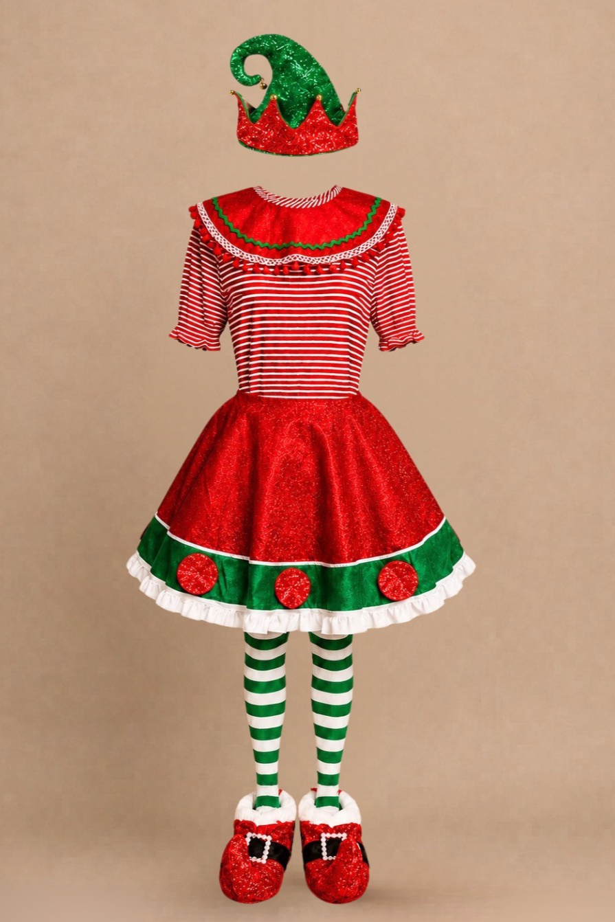 Sparkly Christmas elf costume for Elf Jr. the Musical: a green and red glitter elf hat, red and white striped dress with a ruffled collar, red tutu skirt trimmed in green and white, striped tights, and glittery red shoes. A festive DIY stage look.