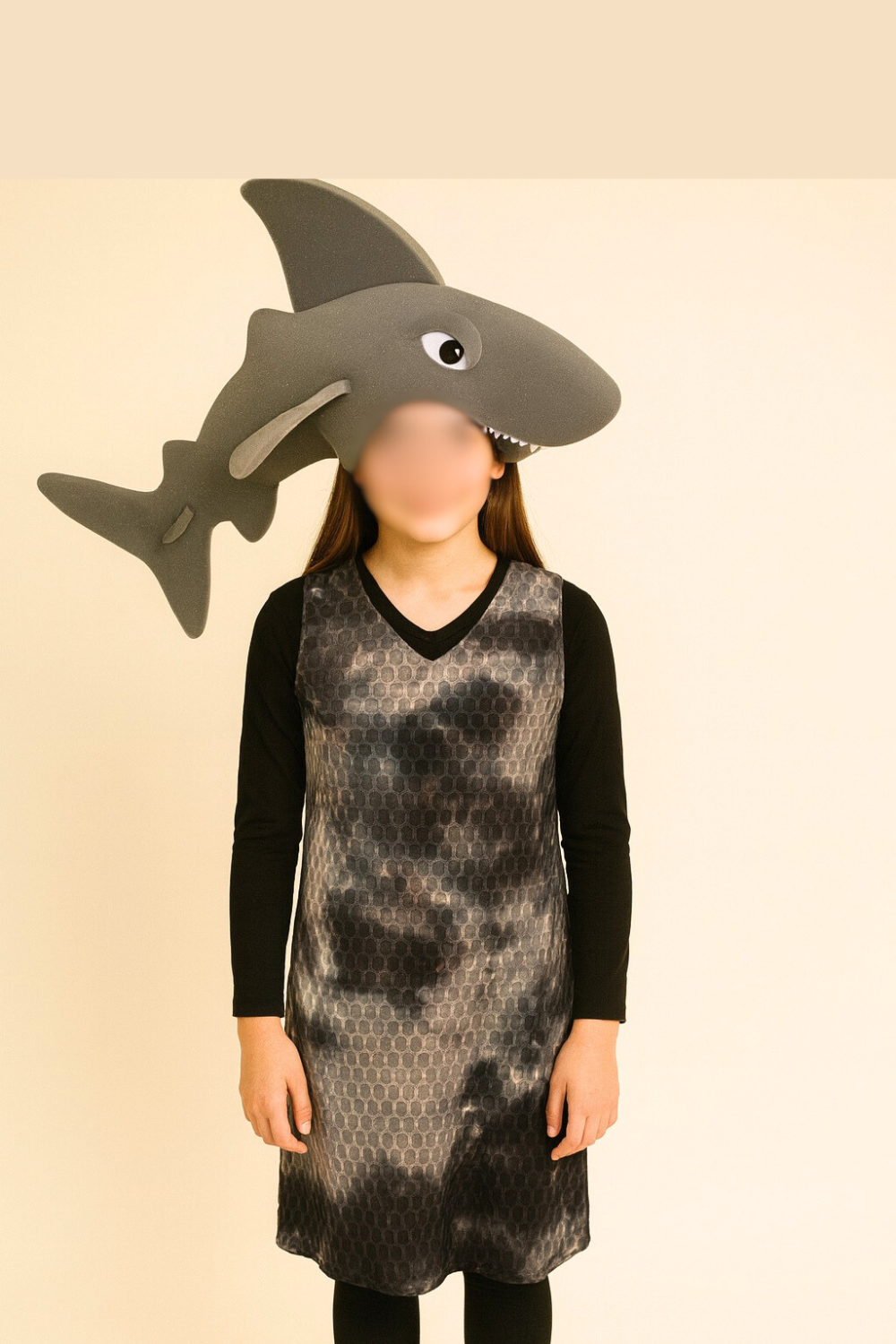Volunteer-made shark costume for a youth theater production, repurposed from a previous show with a simple black-and-gray dress and paired with an Amazon foam shark headpiece for a clear, reusable Ursula’s Lair character look.