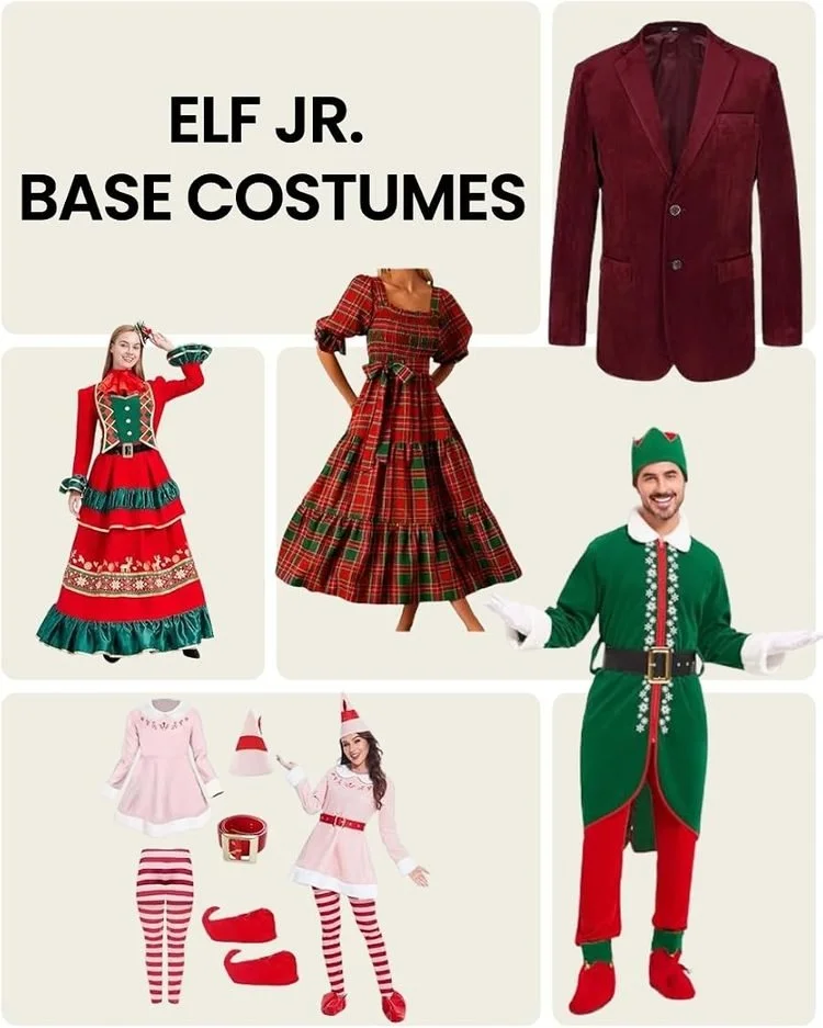 Collection of affordable elf costume ideas for Elf the Musical JR featuring red and green dresses, tunics, and accessories suitable for school theater productions.