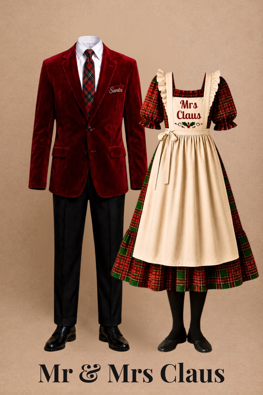 Mr. and Mrs. Claus business attire costumes for Elf Jr. the Musical — Santa in burgundy velvet blazer with plaid tie and embroidered name tag, Mrs. Claus in red green and black plaid dress with cream apron. Old-World Santa's Workshop aesthetic.