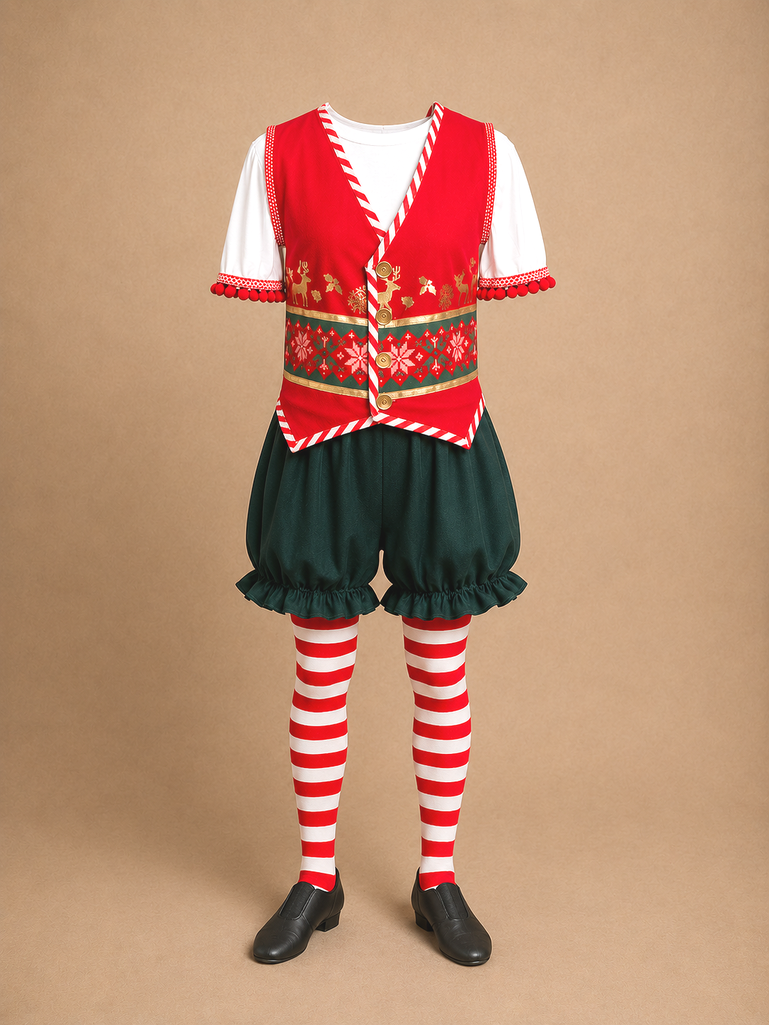 Workshop elf ensemble for Elf Jr. the Musical — red holiday vest, white short sleeve top, green balloon shorts, red and white striped stockings and black shoes